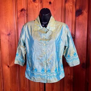 Magazine M Boho Embroidered Silk Blouse Sage Green 3/4 Sleeve Y2K